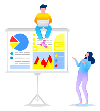 Young man and woman Talking on Presentation About Analytics  Illustration