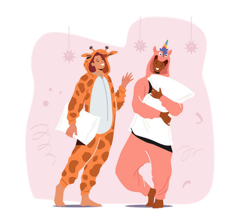 Young Man and Woman Wearing Animal Costumes Unicorn and Giraffe Illustration