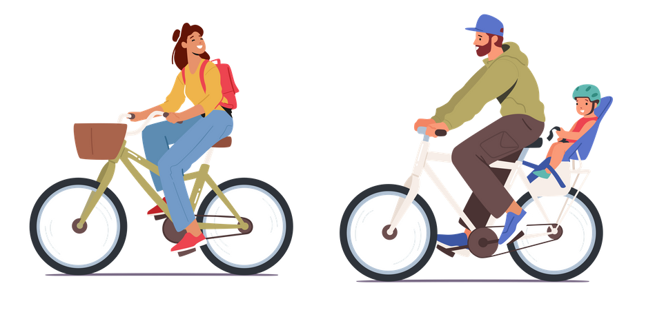 Young Man And Woman With Baby Riding Bikes  Illustration