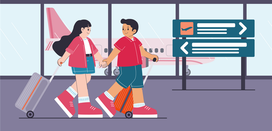 Young man and woman with backpack in airport Illustration