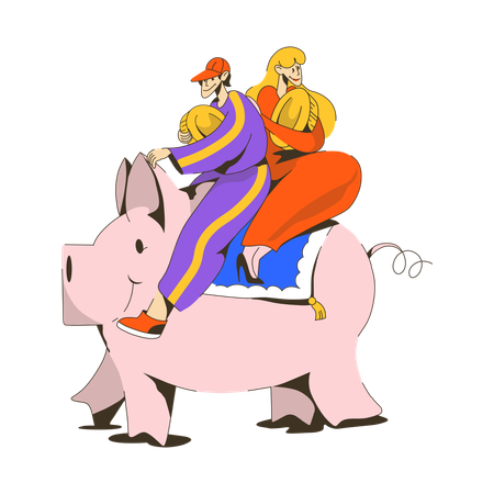 Young man and woman with coins riding on piggy bank  Illustration