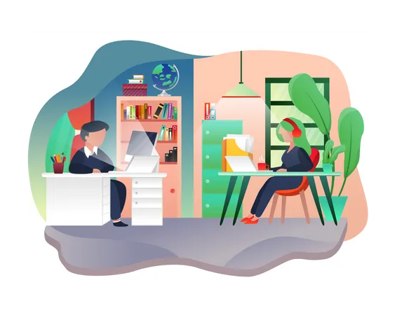 Young man and woman working at office  Illustration