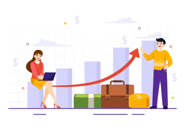 Young man and woman working on financial growth  イラスト
