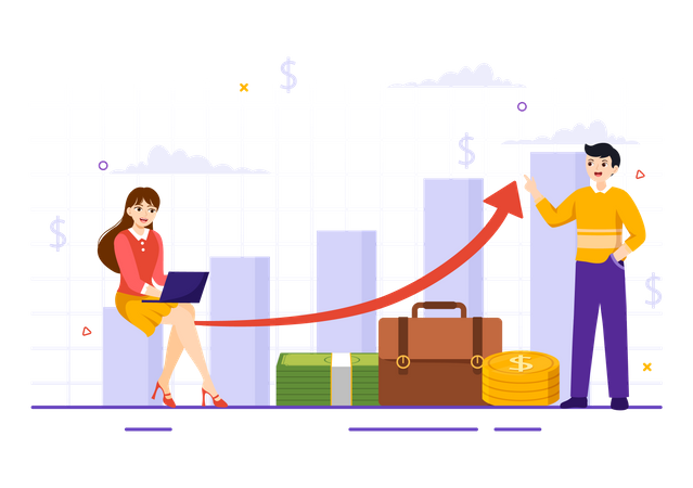 Young man and woman working on financial growth  Illustration