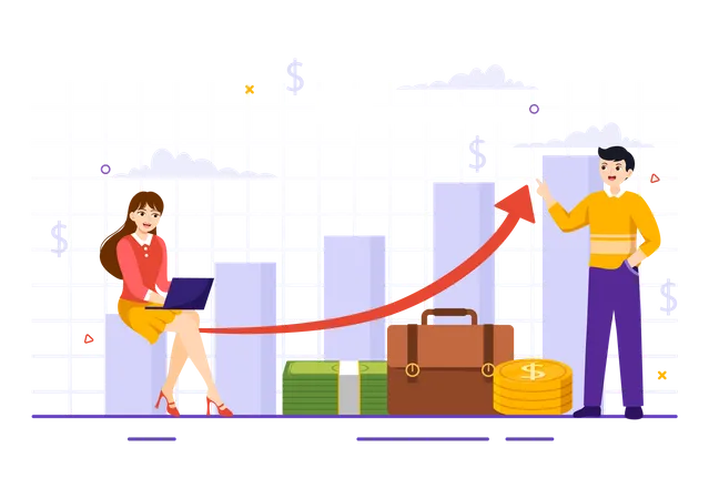 Young man and woman working on financial growth  Illustration