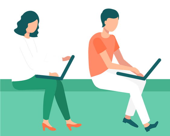 Young man and woman working on laptop Illustration