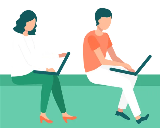 Young man and woman working on laptop  Illustration