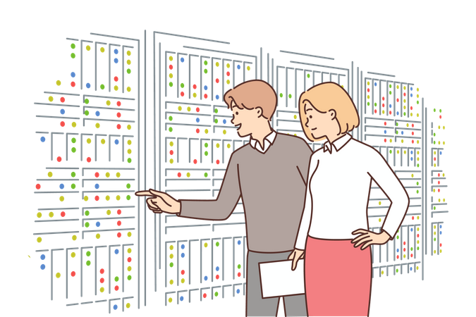 Young man and woman working on server  Illustration
