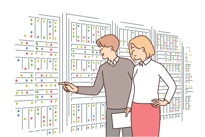 Young man and woman working on server  Illustration
