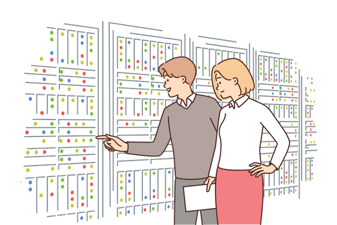 Young man and woman working on server  Illustration