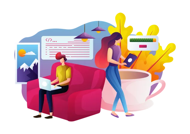 Young man and woman working online  Illustration