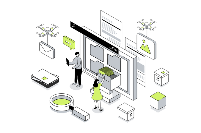 Young man and woman working with Electronic Organization Files  Illustration