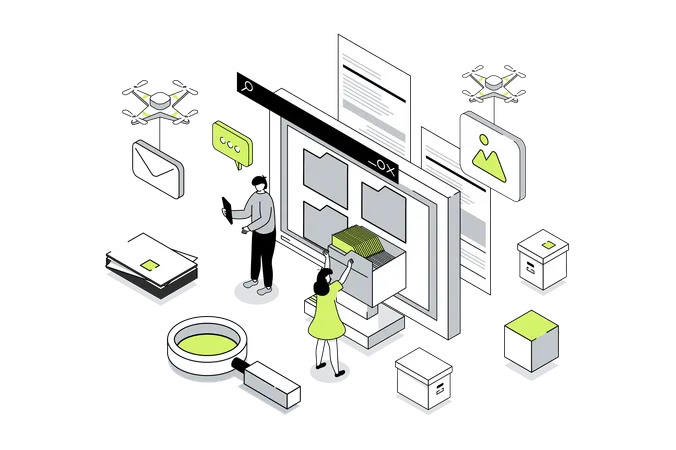 Young man and woman working with Electronic Organization Files  Illustration