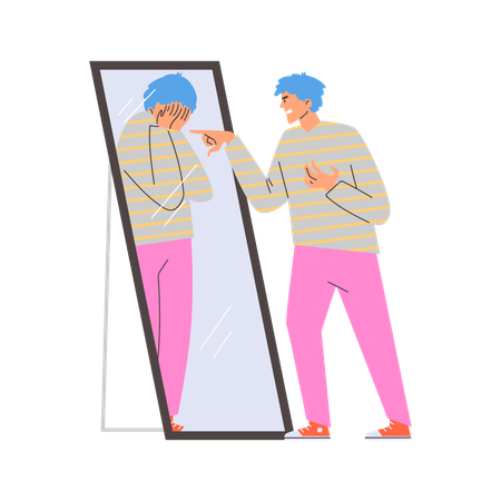 若い男性が鏡の近くで、不幸そうに泣いている自分の姿を見ながら、怒って自分を叱り、イライラしている  イラスト