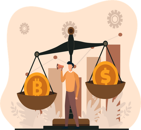 Young Man Announces Currency Rates Comparision  Illustration