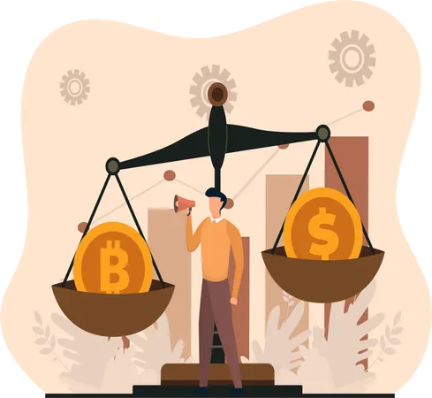 Young Man Announces Currency Rates Comparision  Illustration