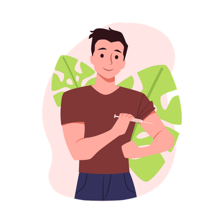 Young man apply self injection in arm  Illustration
