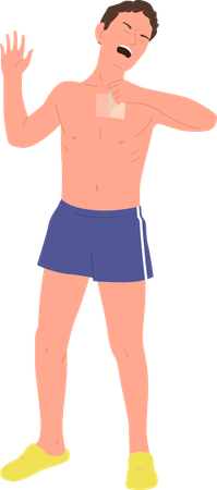 Young man applying waxing strip for removing hair on chest  Illustration