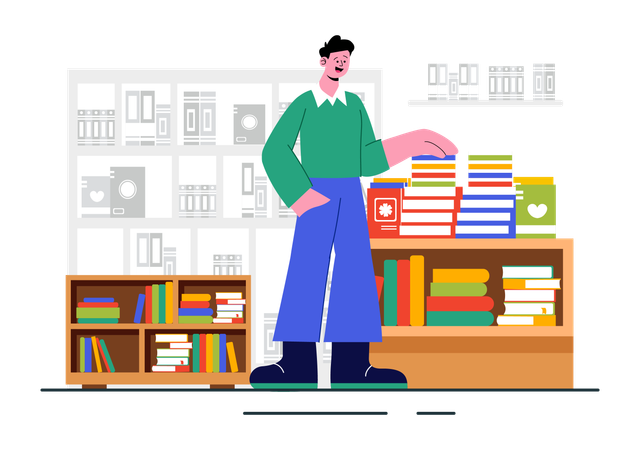 Young man arranging books  Illustration