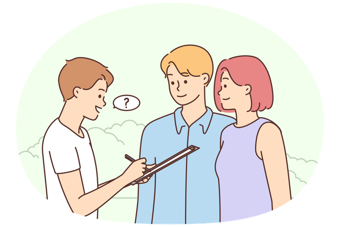 Young man asking question to couple outdoors  Illustration