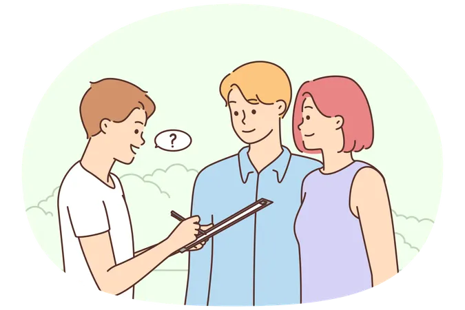 Young man asking question to couple outdoors  Illustration