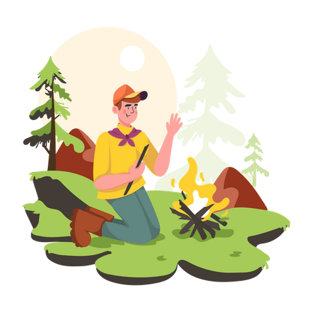 Young man at Forest Camping  Illustration