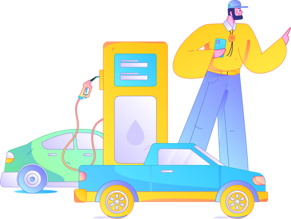 Young man at fuel station while doing online payment of fuel  Illustration