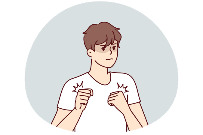 格闘技の知識を持つ白いTシャツを着た若い男性アスリートがボクサーのポーズで立っている  イラスト