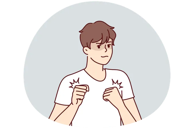 格闘技の知識を持つ白いTシャツを着た若い男性アスリートがボクサーのポーズで立っている  イラスト