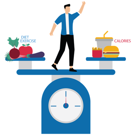 Young man Balancing between calories with exercise and diet  Illustration