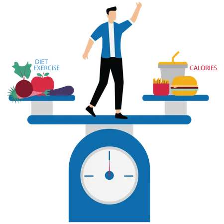 Young man Balancing between calories with exercise and diet  Illustration