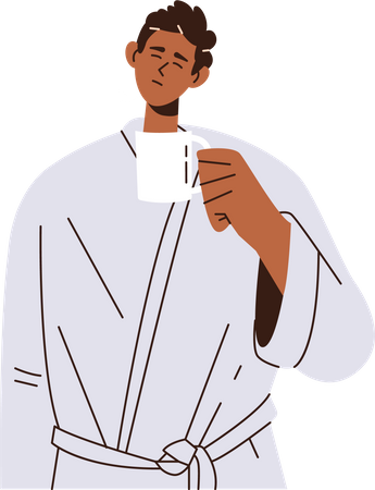 Young man bathrobe with cup of hot coffee  Illustration