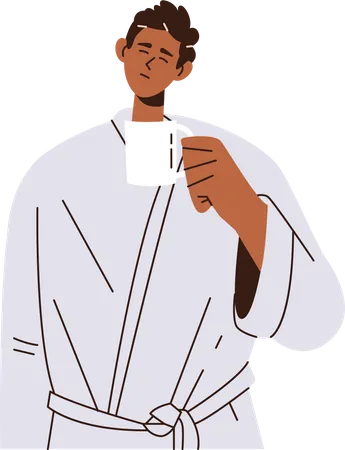 Young man bathrobe with cup of hot coffee  Illustration