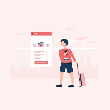Young man book air tickets for travelling Illustration