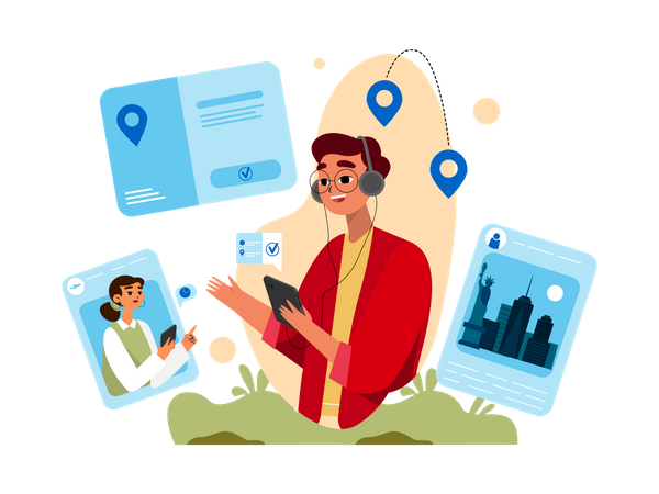 Young man booking online tickets from travel agency  Illustration