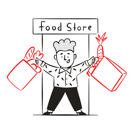 Young man bought groceries at food store  Illustration