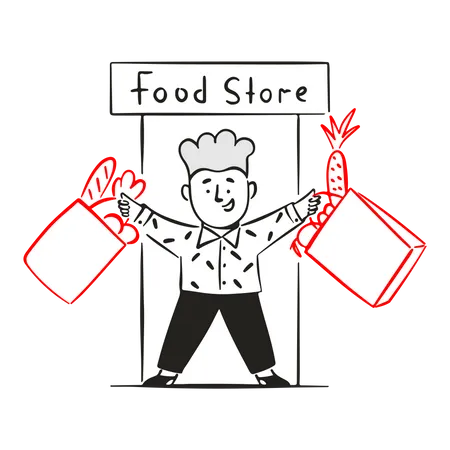 Young man bought groceries at food store  Illustration