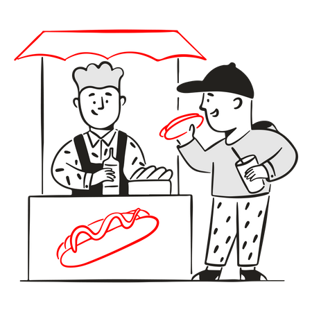 Young man bought hotdog at stall  Illustration