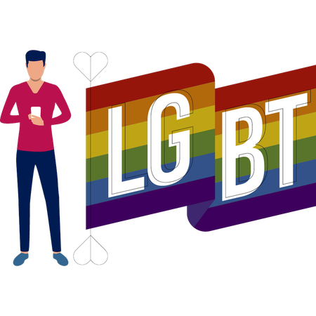 Young man busy in mobile and standing near LGBT artboard  Illustration