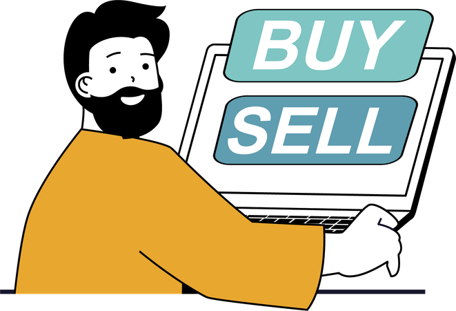 Young man buy and sell in stock market  Illustration
