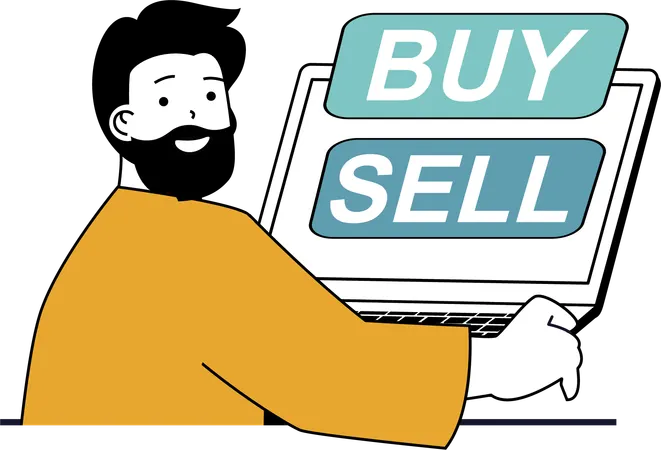 Young man buy and sell in stock market  Illustration