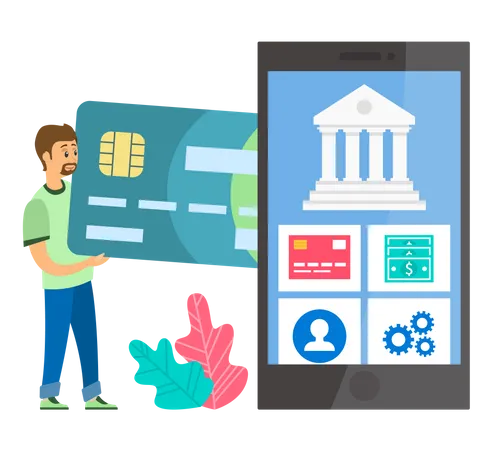 A Man Buy On Online Commerce Online Business Illustration With Buyer Pays Online Male Character Inserts The Payment Plastic Card Into Smartphone And Makes Purchases In The Store Using The Internet Illustration