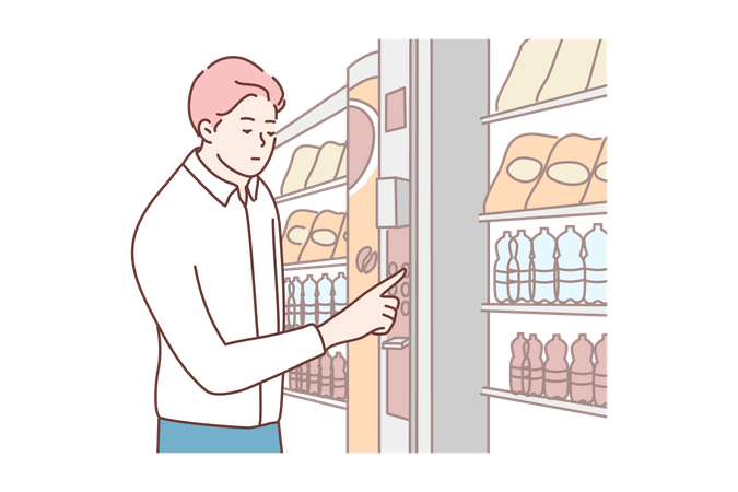 Young man buying food drinks at electronic vending machine  Illustration