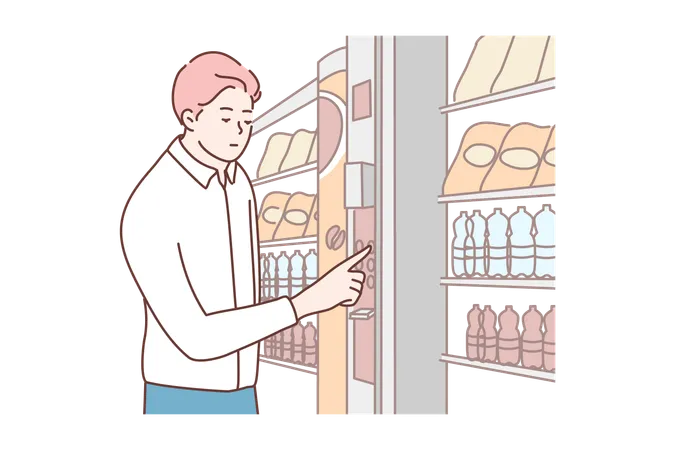 Cashless Card Payment Concept Young Businessman Boy Clerk Manager Cartoon Character Customer Buying Food Drinks At Electronic Vending Machine NFC Service Contactless Pay Technologies Illustration Illustration