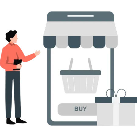 Young man buying grocery items online  Illustration