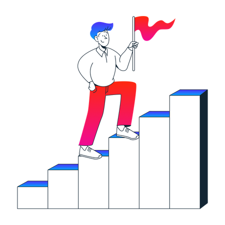 Young man carries flag to top of chart  Illustration