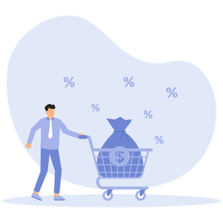 Young man carrying big commission bag on cart with flying percentage  Illustration