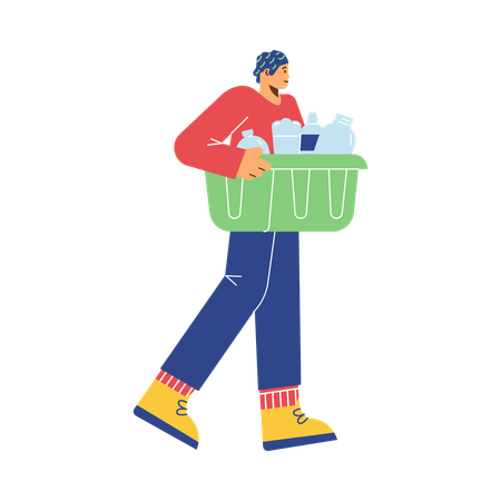 Young man carrying green container with glass bottles and jars  Illustration