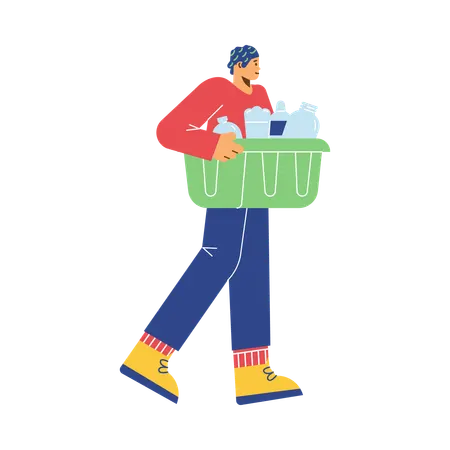 Young man carrying green container with glass bottles and jars  Illustration