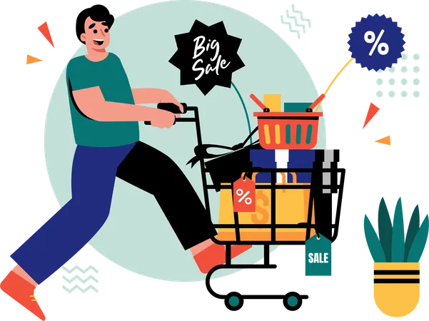 Young man carrying trolley of discounted goods  Illustration